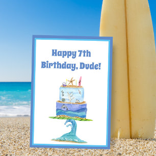 Wasserfarben-Glücklicher-7-Geburtstag-Surfer-Torte Karte