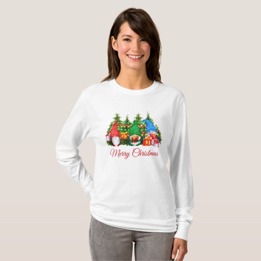 Wasserfarben Gnomes Red Merry Christmas Long W T-Shirt (Vorne ganz)