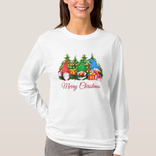Wasserfarben Gnomes Red Merry Christmas Long W T-Shirt (Vorderseite)