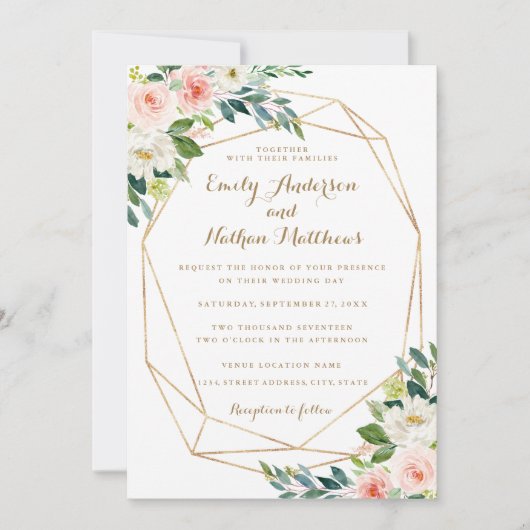 Wasserfarben Goldene Blush Bloral Hochzeit Einladung (Vorderseite)