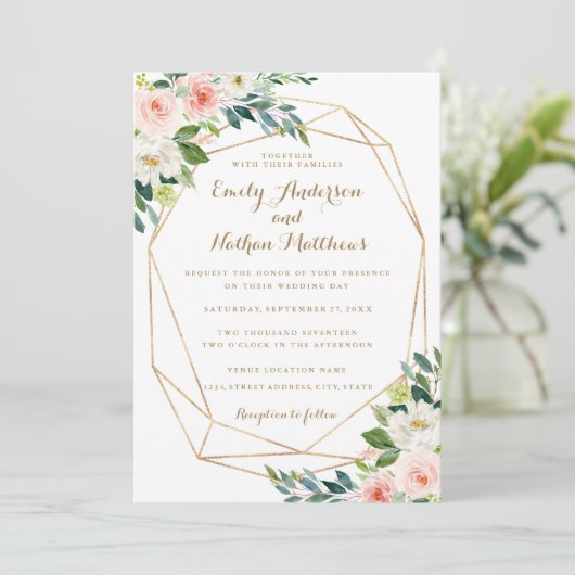 Wasserfarben Goldene Blush Bloral Hochzeit Einladung (Stehend Vorderseite)
