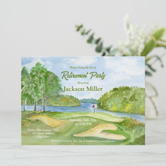 Wasserfarben-Golfplatz mit Party zur Wasserversorg Einladung (Stehend Vorderseite)