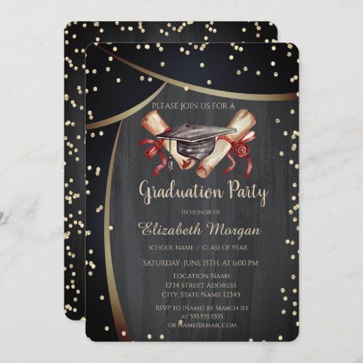 Wasserfarben-Graduierungskappe, Diamanten schwarz Einladung (Vorne/Hinten)