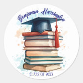 Wasserfarben-Graduierungskappe mit Buchstapel Runder Aufkleber (Vorderseite)