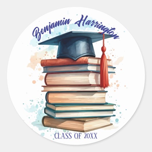 Wasserfarben-Graduierungskappe mit Buchstapel Runder Aufkleber (Vorderseite)