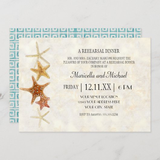 Wasserfarben-Griechisches SchlüsselmusterStarfish  Einladung (Vorne/Hinten)