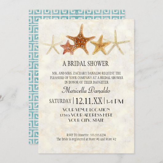 Wasserfarben-Griechisches SchlüsselmusterStarfish Einladung (Vorne/Hinten)