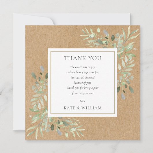 Wasserfarben Grüne Rustikale Kraft Baby Duschgedic Dankeskarte (Vorderseite)