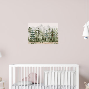 Wasserfarben grüner Kiefernwald auf dem Berg Poster