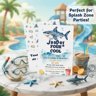 Wasserfarben-Hai-Jungs 4. Geburtstags-Poolparty Einladung