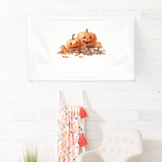 Wasserfarben-Halloween-Kürbis mit Herbstblättern O Banner (Insitu)