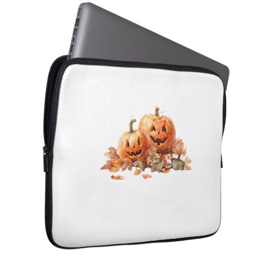 Wasserfarben-Halloween-Kürbis mit Herbstblättern O Laptopschutzhülle (Vorne Rechts)