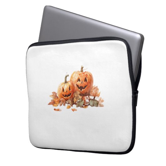 Wasserfarben-Halloween-Kürbis mit Herbstblättern O Laptopschutzhülle (Vorderseite Links)