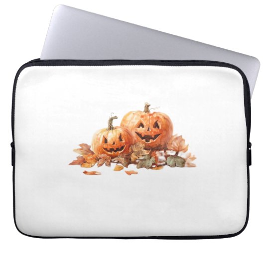 Wasserfarben-Halloween-Kürbis mit Herbstblättern O Laptopschutzhülle (Vorderseite)