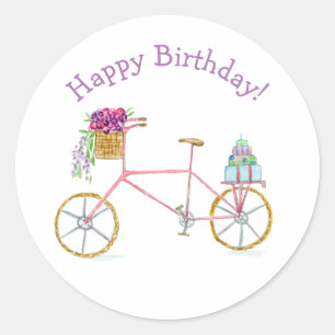 Wasserfarben Happy Birthday Bicycle Runder Aufkleber