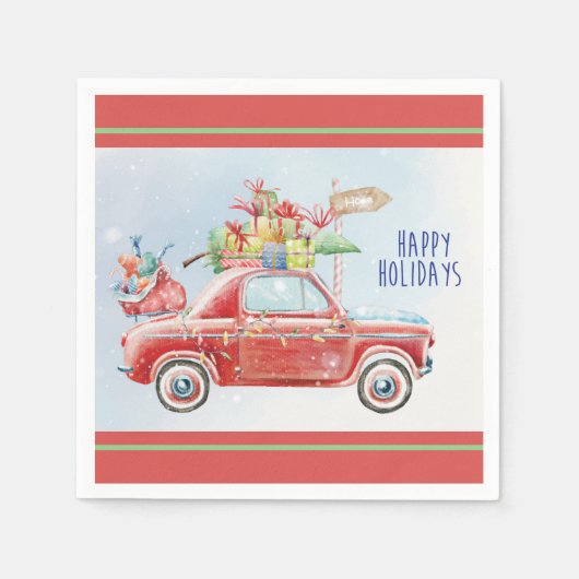 Wasserfarben Happy Holidays Lit Red Car | Weihnach Serviette (Vorderseite)