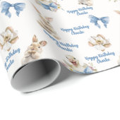 Wasserfarben-Hase-Ente-blauer Schleife-Froher Gebu Geschenkpapier (Rolleneckpunkt)