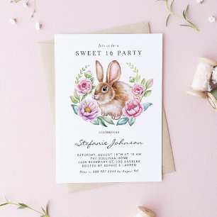 Wasserfarben-Hase und rosa Blumen Sweet 16 Party Einladungspostkarte