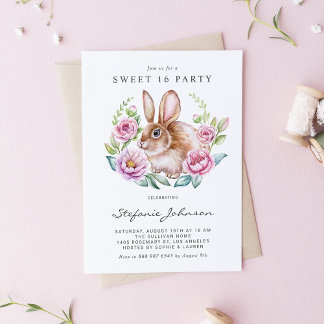 Wasserfarben-Hase und rosa Blumen Sweet 16 Party Einladungspostkarte