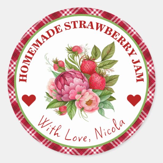 Wasserfarben, hausgemachte Erdbeeren, Jam Label Runder Aufkleber (Vorderseite)