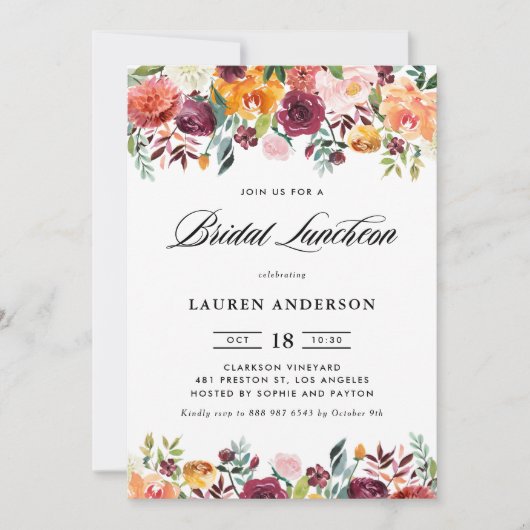 Wasserfarben Herbst Blumen Garland Bridal Luncheon Einladung (Vorderseite)