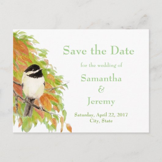 Wasserfarben Herbst Fall Chickadee Save the Date Ankündigungspostkarte (Vorderseite)