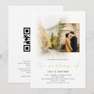 Wasserfarben-Herbstbäume-Foto-QR-Code Goldene Hoch Einladung