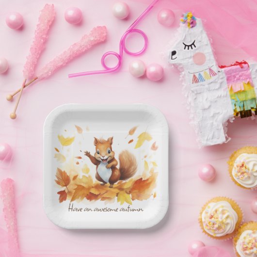 Wasserfarben-Herbsthörnchen mit Blätter Pappteller (Party)