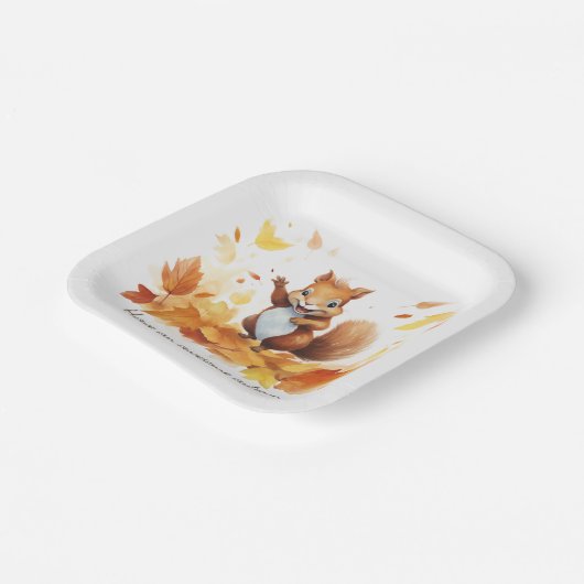 Wasserfarben-Herbsthörnchen mit Blätter Pappteller (Gewinkelt)