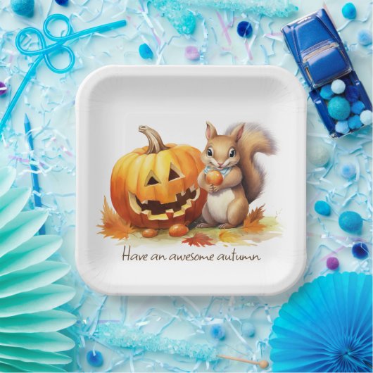 Wasserfarben-Herbsthörnchen mit Jack-o-Laterne Pappteller (Party)