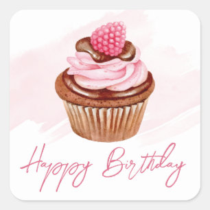 Wasserfarben-Himbeer- und Schokoladen-Cupcake-Gebu Quadratischer Aufkleber