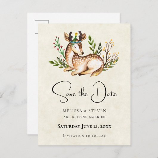 Wasserfarben-Hirsche legen Boho Save the Date ab Einladungspostkarte (Vorne/Hinten)