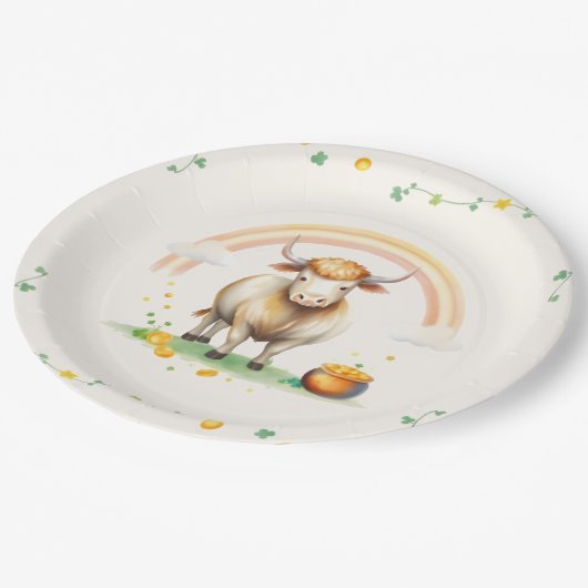 Wasserfarben Hochland Kuh Rainbow St Patricks Day Pappteller (Schrägansicht)