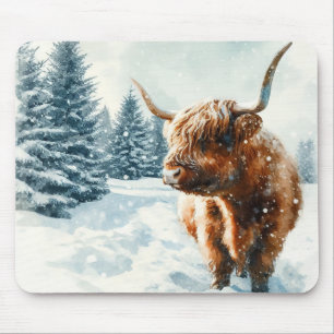 Wasserfarben-Hochland-Kuh-Winterlandschaft Mousepad