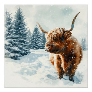 Wasserfarben-Hochland-Kuh-Winterlandschaft Poster