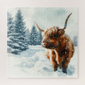 Wasserfarben-Hochland-Kuh-Winterlandschaft Puzzle