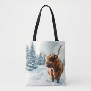 Wasserfarben-Hochland-Kuh-Winterlandschaft Tasche