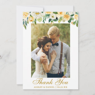 Wasserfarben-Hochzeit Gelbe Blumige Foto Gold Dankeskarte