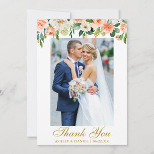 Wasserfarben-Hochzeit Korallen-Blumenfoto Gold Dankeskarte
