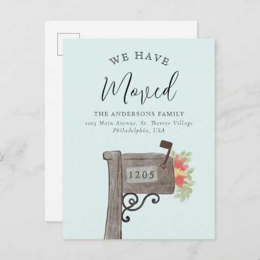 Wasserfarben-Holzbriefkasten Neue Zuhause-Bewegung Ankündigungspostkarte (Vorne/Hinten)