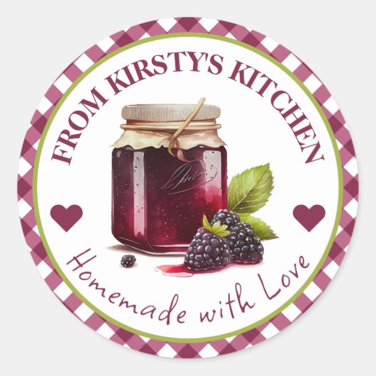 Wasserfarben-Homemade Gingham BlackBerry Jam Label Runder Aufkleber (Vorderseite)