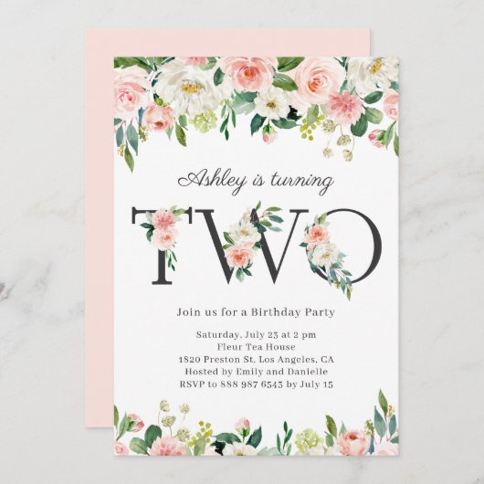 Wasserfarben Hübsche Blütenmädchen Zweiten Geburts Einladung (Vorne/Hinten)