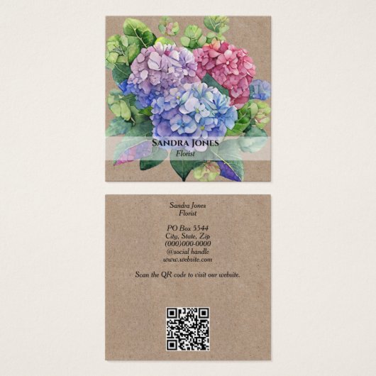 Wasserfarben-Hydrangea mit QR-Code-Visitenkarten (Vorne & Hinten)