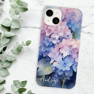 Wasserfarben-Hydrangea rosa Lila Namensvorlage Case-Mate iPhone 14 Hülle
