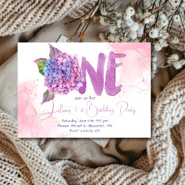 Wasserfarben-Hydrangea zum ersten Geburtstag Einladung