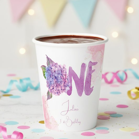 Wasserfarben-Hydrangea zum ersten Geburtstag Pappbecher