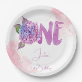 Wasserfarben-Hydrangea zum ersten Geburtstag Pappteller (Vorderseite)