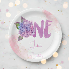 Wasserfarben-Hydrangea zum ersten Geburtstag Pappteller