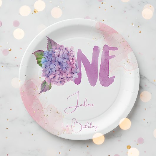 Wasserfarben-Hydrangea zum ersten Geburtstag Pappteller