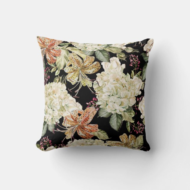 Wasserfarben-Hydrangeas-Lilien: Blumenmuster Kissen (Vorderseite)